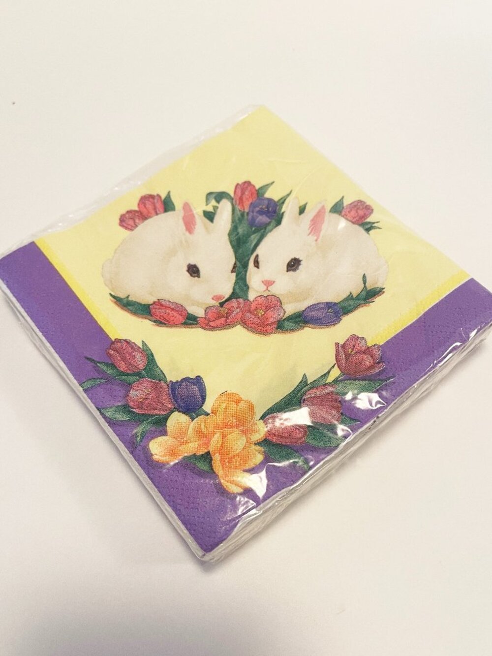 Vintage Easter Bunny Beverage Napkins Party Creations Tulips NOS 24 Count